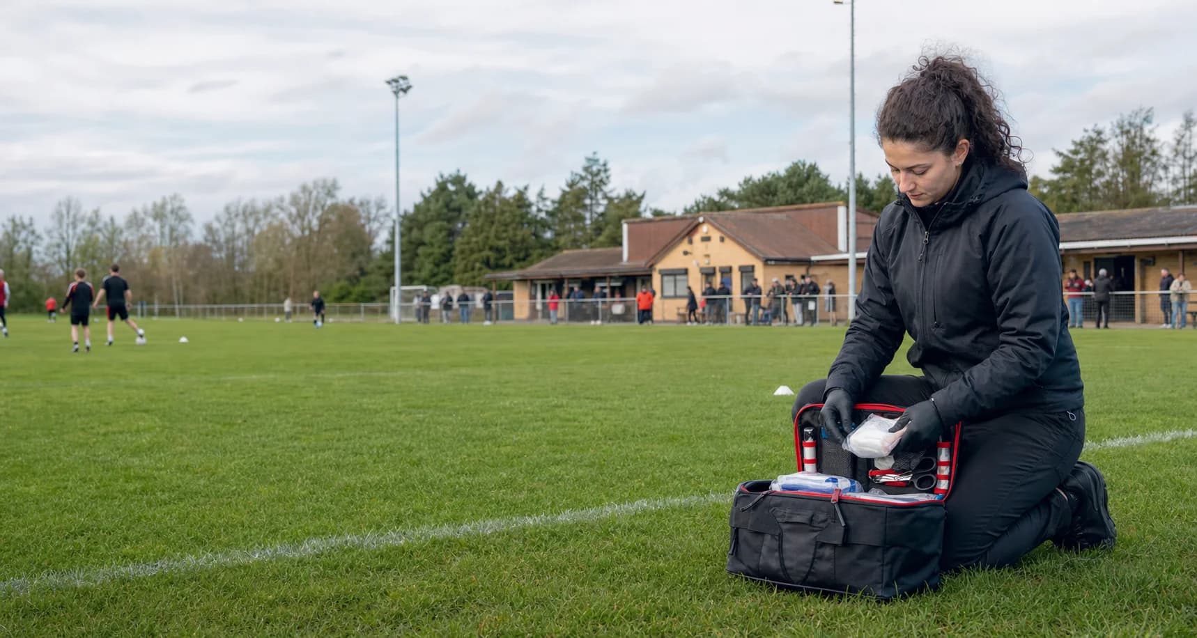 A pitchside professional preparing equipment beside a community sports pitch