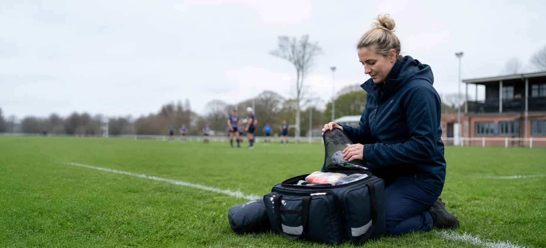 A pitchside medic preparing equipment beside a community sports pitch